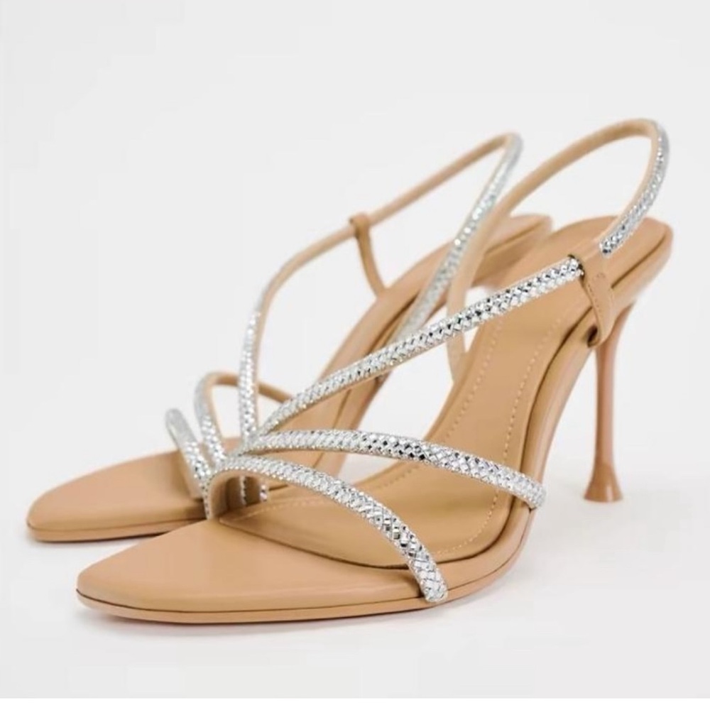 Zara Nude Slingback Heels with Crystal Straps
